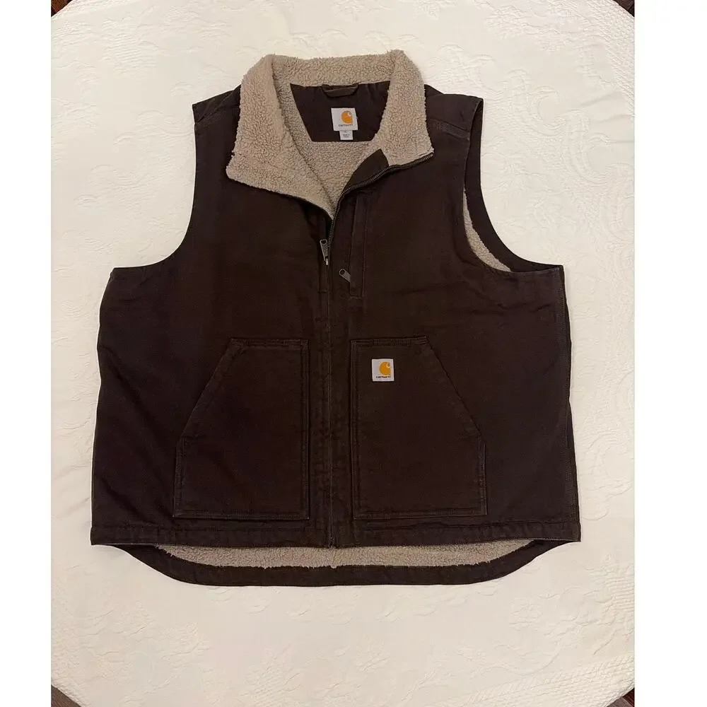 Carhartt Sherpa Lined Vest Men’s XL Dark Brown Canvas Workwear Full Zip - Picture 1 of 12